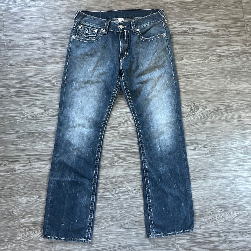 True Religion Section Straight Big T Purple Stitch Jeans Blue Distressed Mens 34